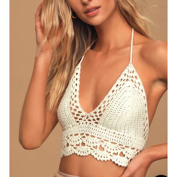 Lulu's Tops - Lulu's Let's Run Away Ivory Crochet Halter Crop Top - M/L